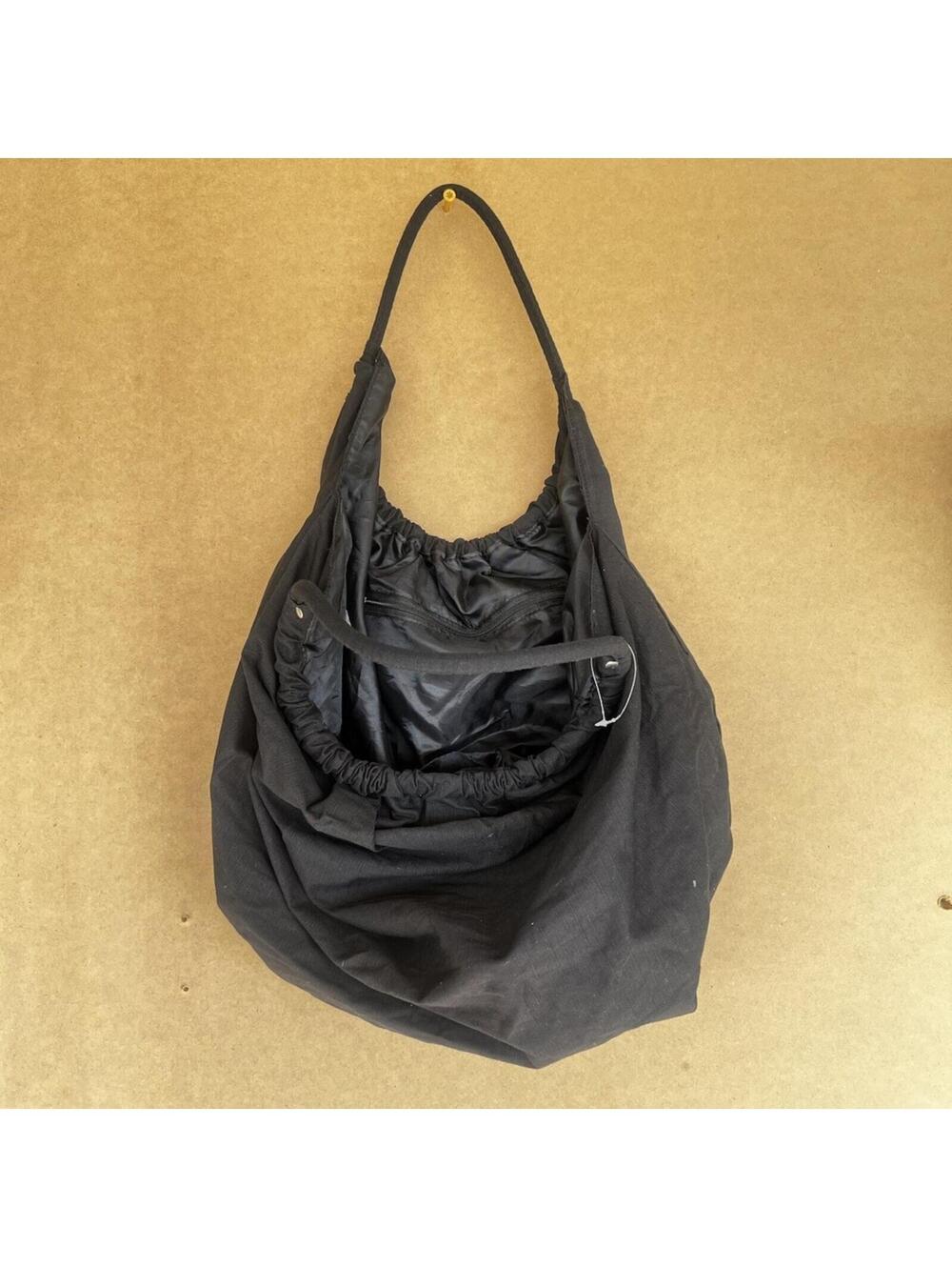 Black Cotton Slouchy Hobo Shoulder Bag Ruched Drawstring Utility Streetwear - Picture 2 of 4